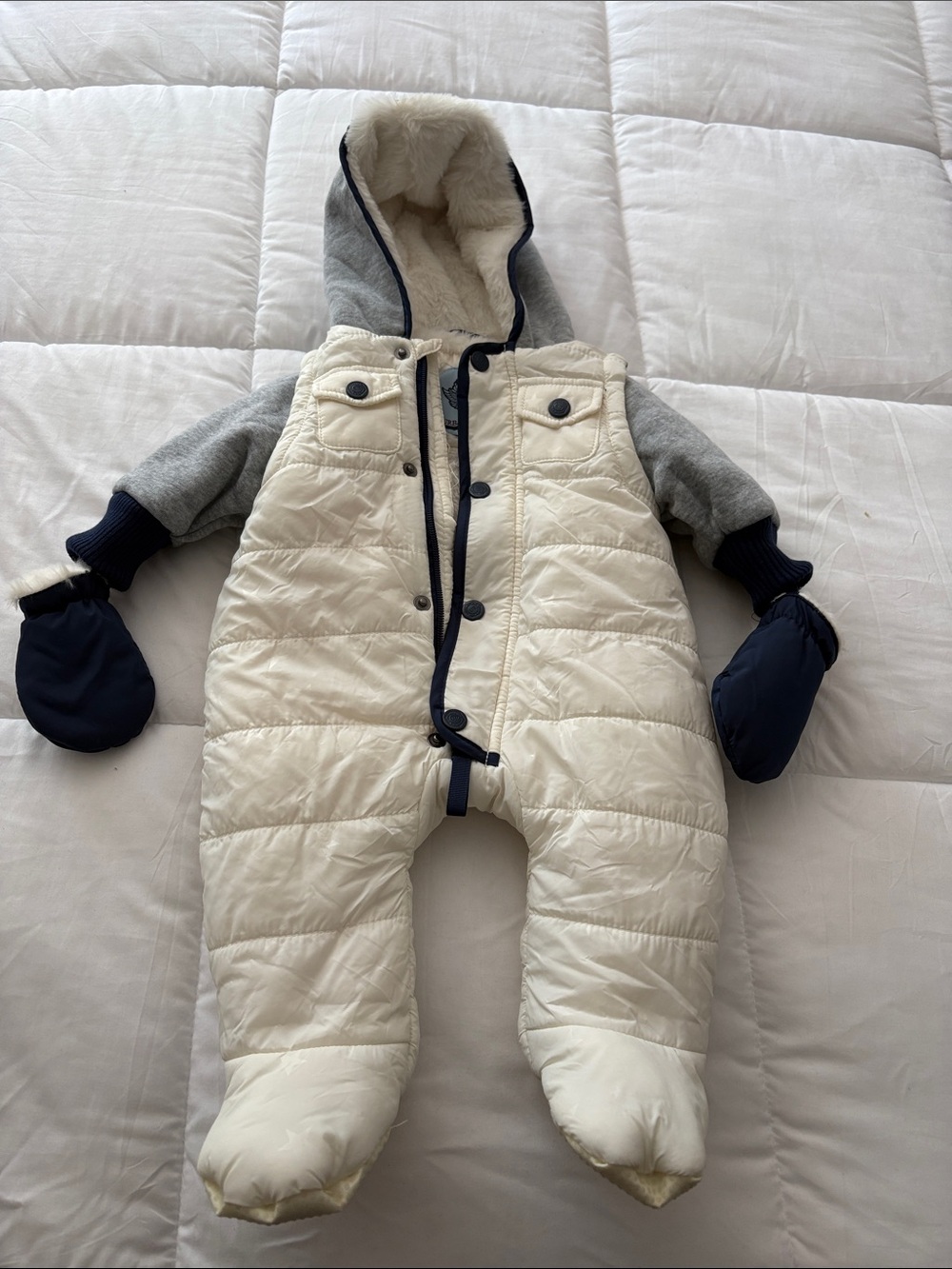 Cream Quilted Baby Snowsuit with Navy Accents